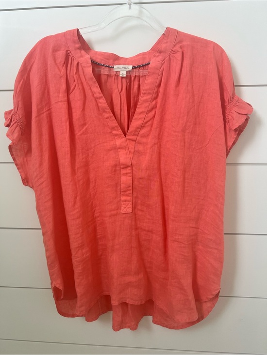 Pilcro Tops - Anthropologie Place Coral Split-Neck Short Sleeve Blouse